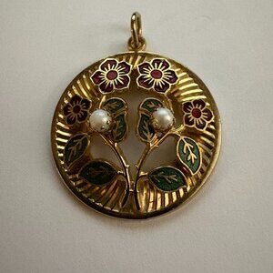Emmons Vintage 1960’s Cloisonne Red Green Flowers on Gold Tone Pendant SIGNED
